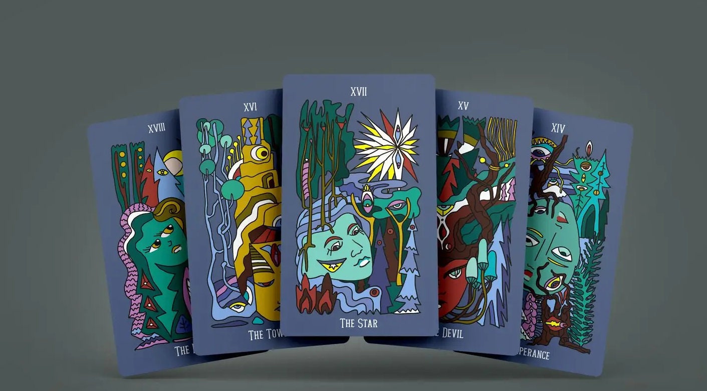 Mysterious Forest Tarot Card deck is a Psychedelic Experience Occult Tool with Mushrooms and Trippy Imagery