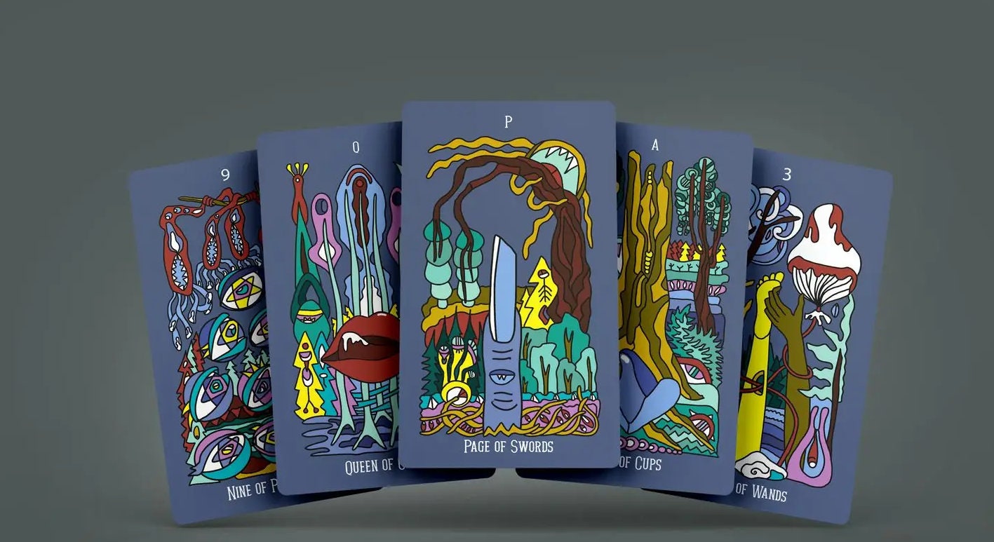 Mysterious Forest Tarot Card deck is a Psychedelic Experience Occult Tool with Mushrooms and Trippy Imagery