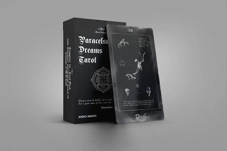 Paracelus Dreams Tarot Card Deck in Black, Rider Waite Tarot with Guidebook. Indie Occult Divination Cards, Taxicology Mortician Oddity Gift