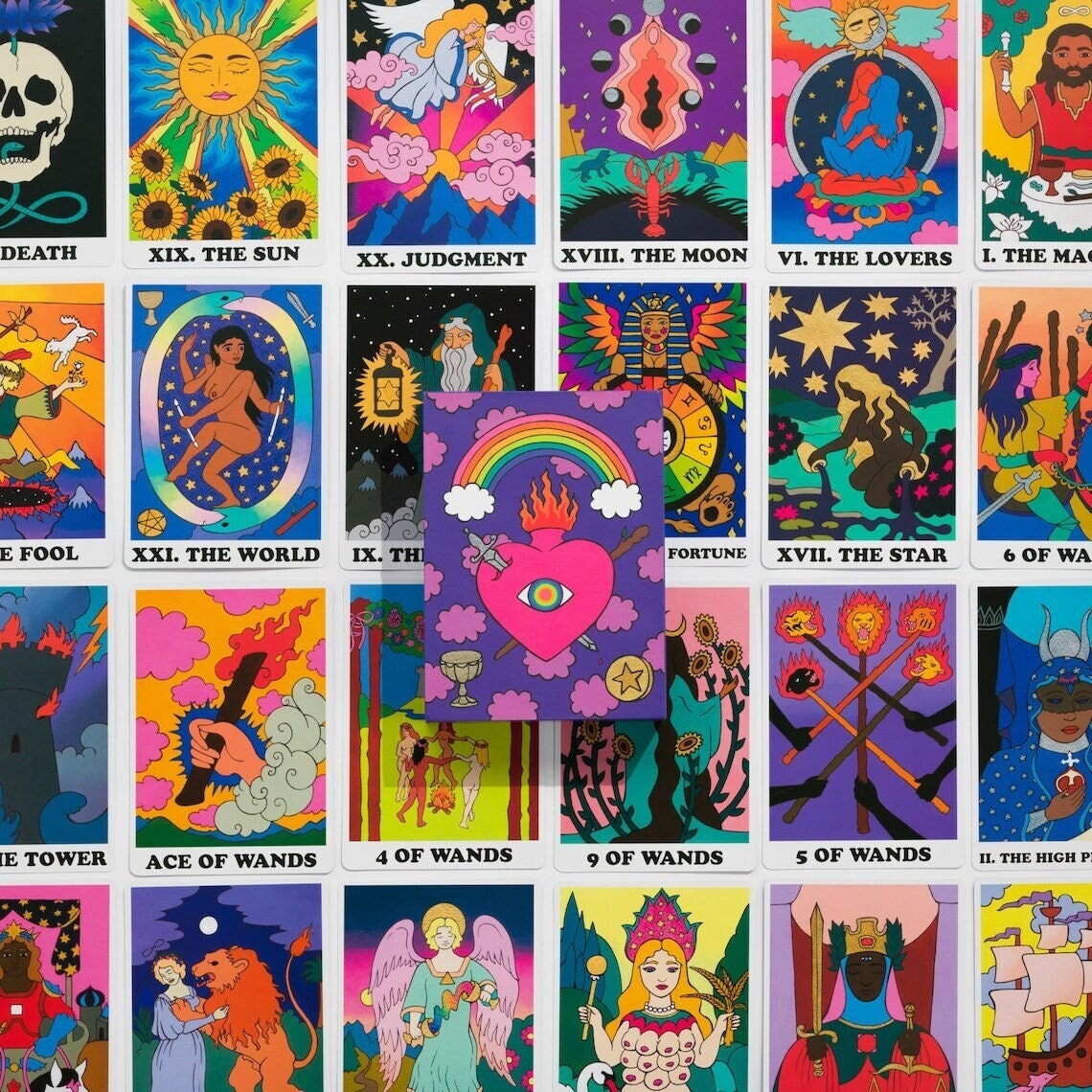 Rainbow Heart Tarot Deck. Vintage Rider Waite Cards With Guidebook Beginners, Oracle Divination Tool Occult Cards, Indie Tarot Inclusivity